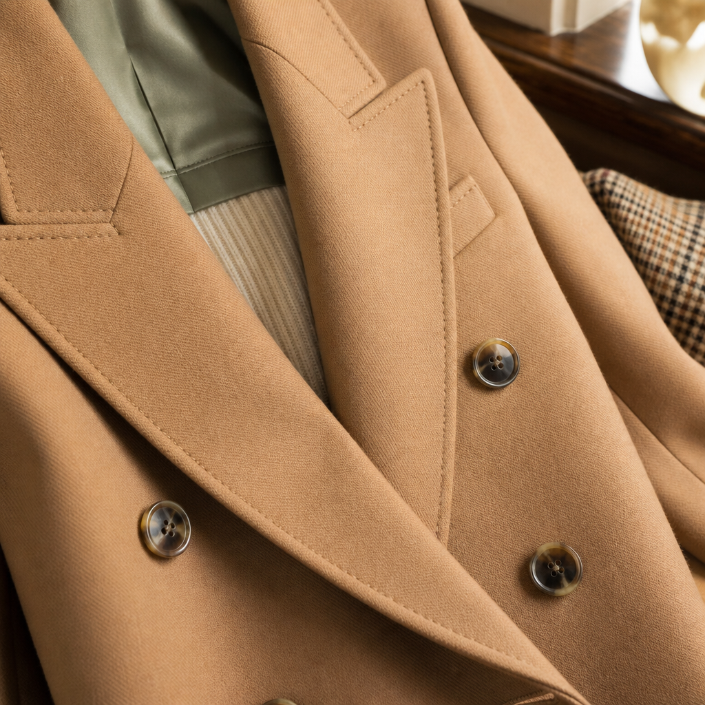 Cadogan Double Breasted Camel Blazer — detail material