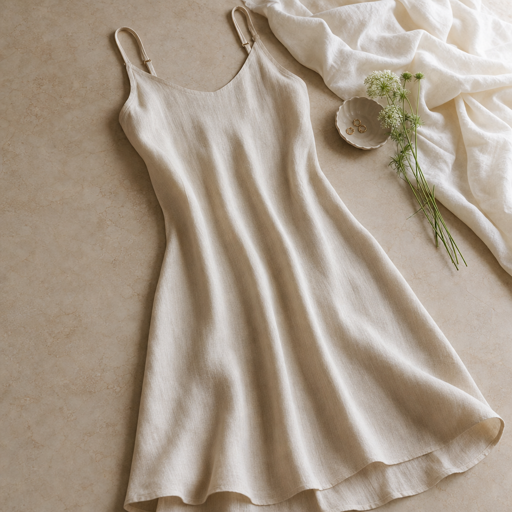 Vivian Linen Slip Dress — lifestyle flatlay