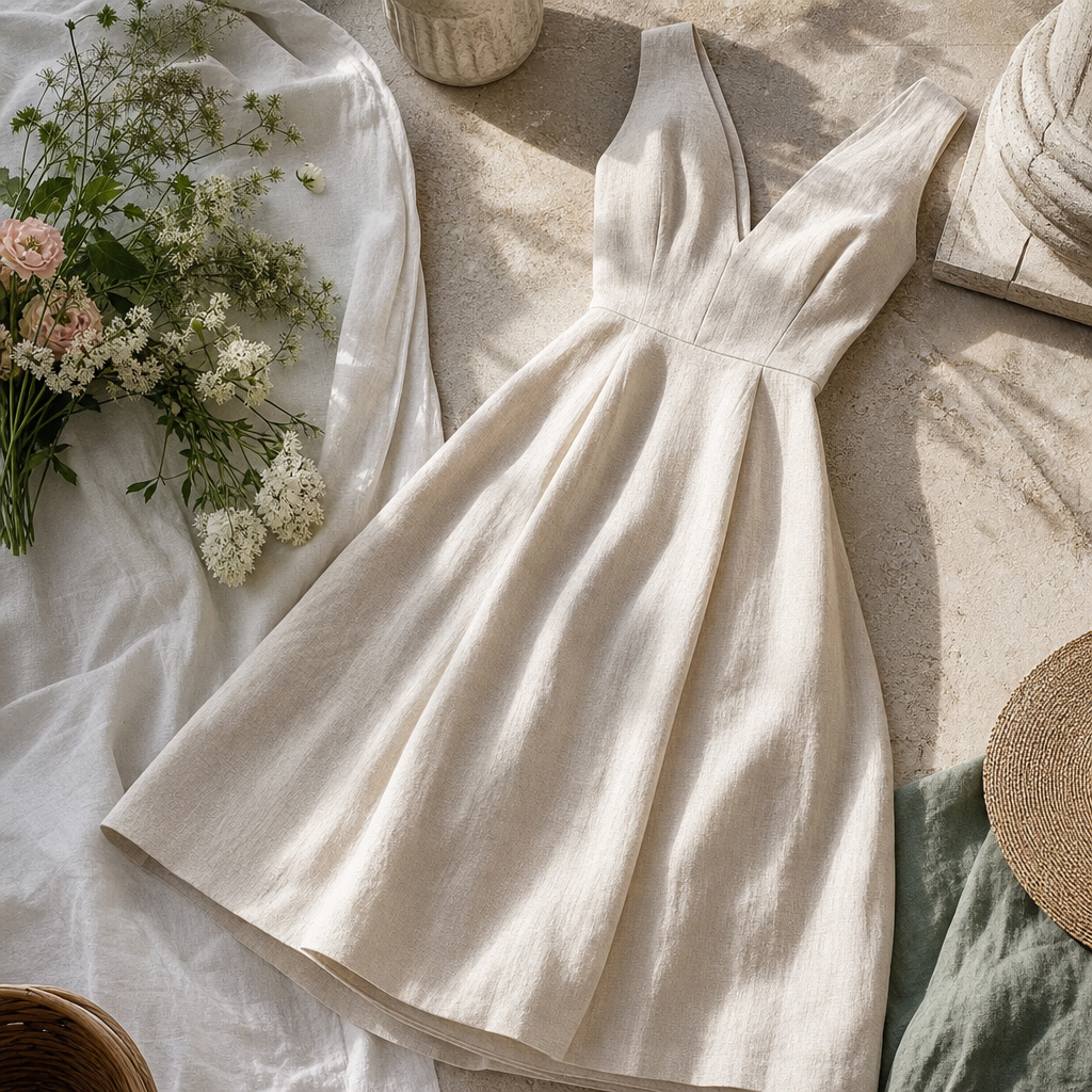 Eliza Linen Midi Dress — lifestyle flatlay