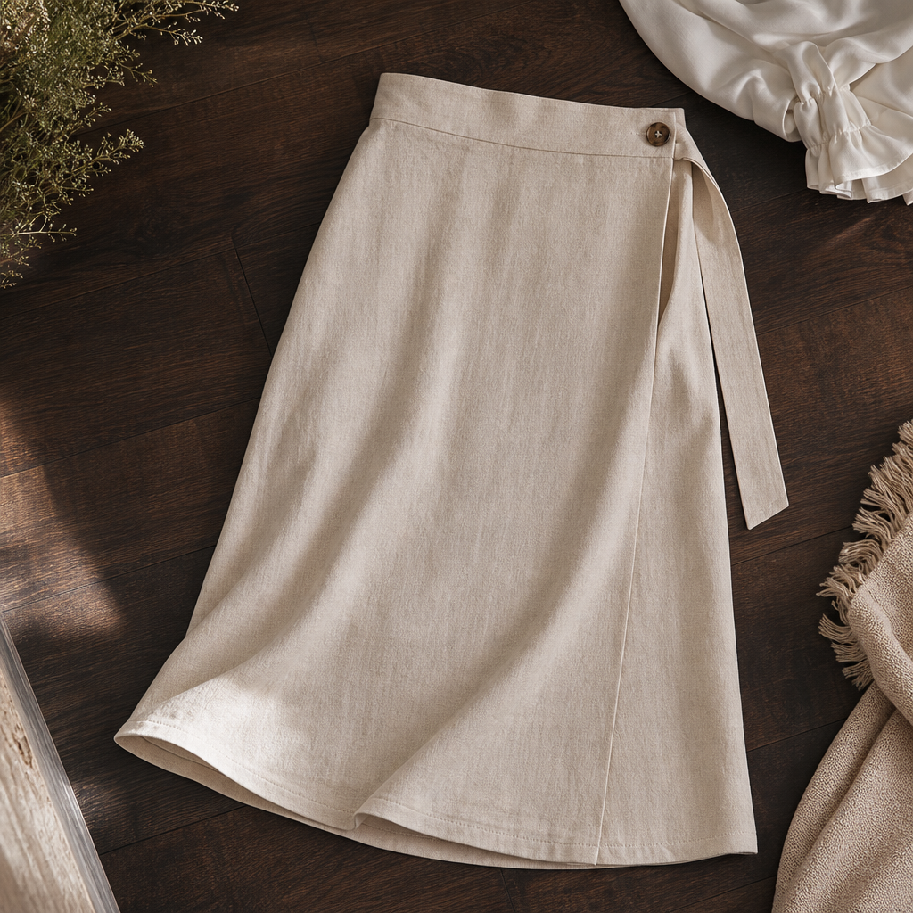 Hawthorn Tailored Wrap Skirt — lifestyle flatlay