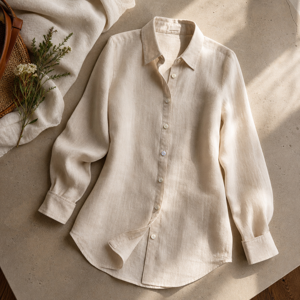 Margot Linen Button Down Shirt — lifestyle flatlay