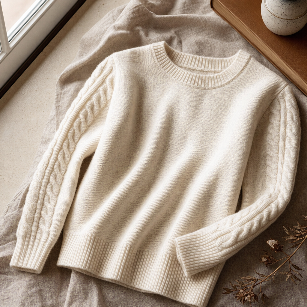 Nina Merino Cable Sleeve Jumper — lifestyle flatlay