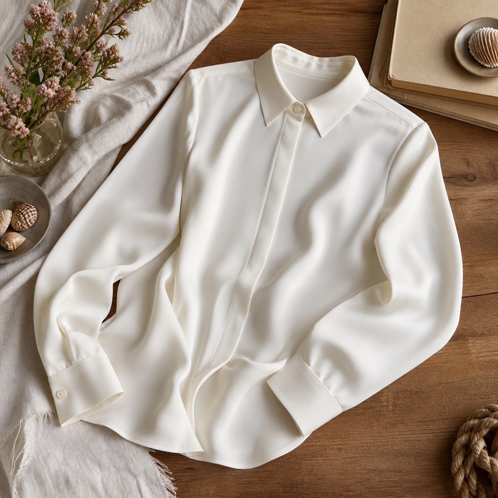 Bancroft Ivory Silk Shirt — lifestyle flatlay