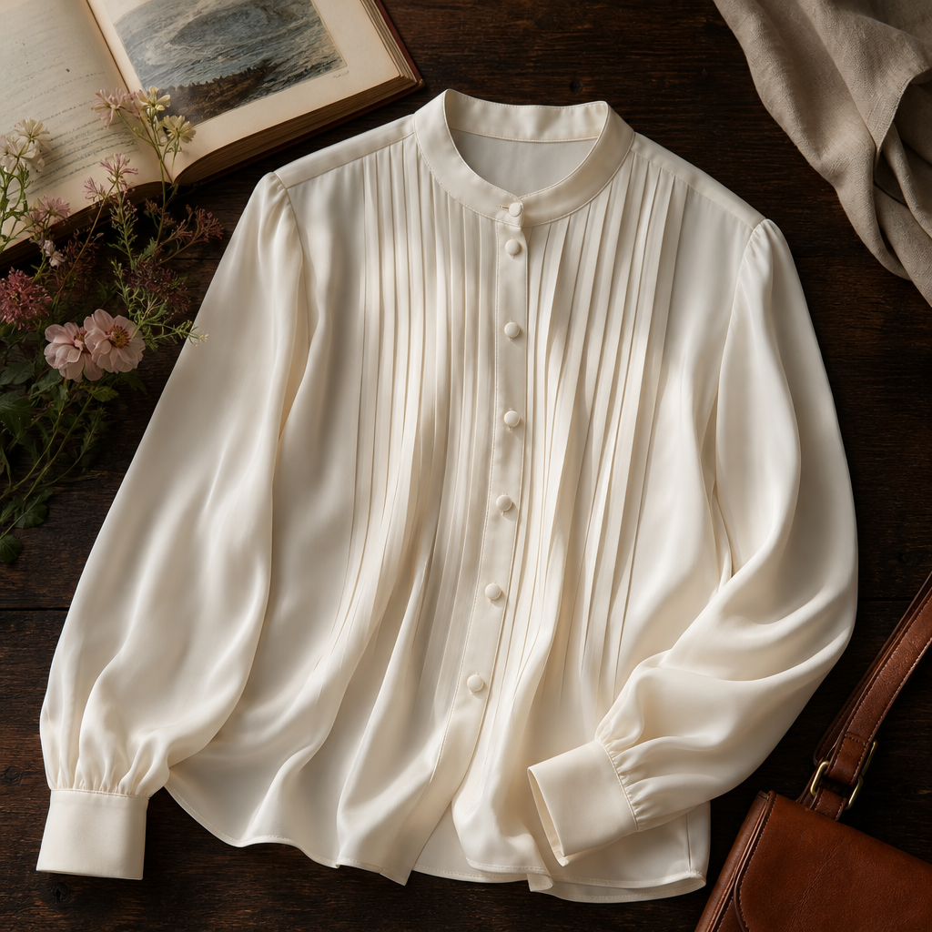 Camille Pleated Silk Blouse — lifestyle flatlay