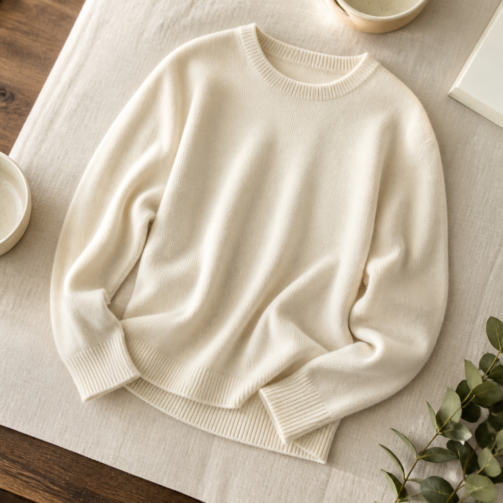 Rowley Cashmere Crewneck Sweater — lifestyle flatlay