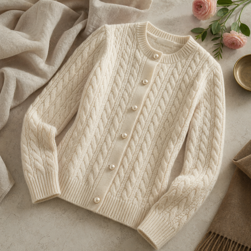 Arlington Cable Wool Cashmere Cardigan — lifestyle flatlay