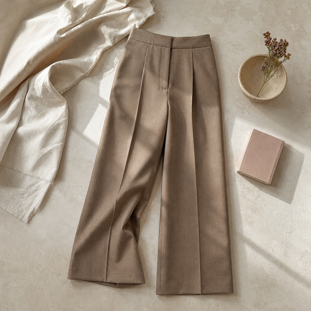 Hadleigh High Rise Wool Trouser — lifestyle flatlay