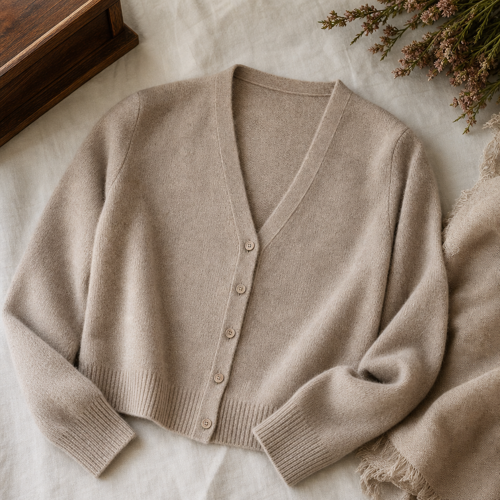 Varenne V Neck Cashmere Cardigan — lifestyle flatlay