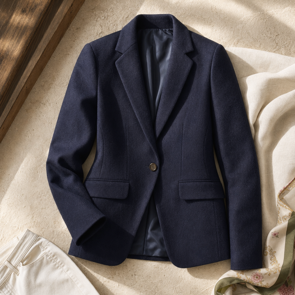 Ravenscroft Navy Wool Blazer — lifestyle flatlay