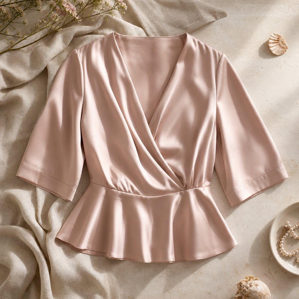 Celestine Satin Surplice Top — lifestyle flatlay