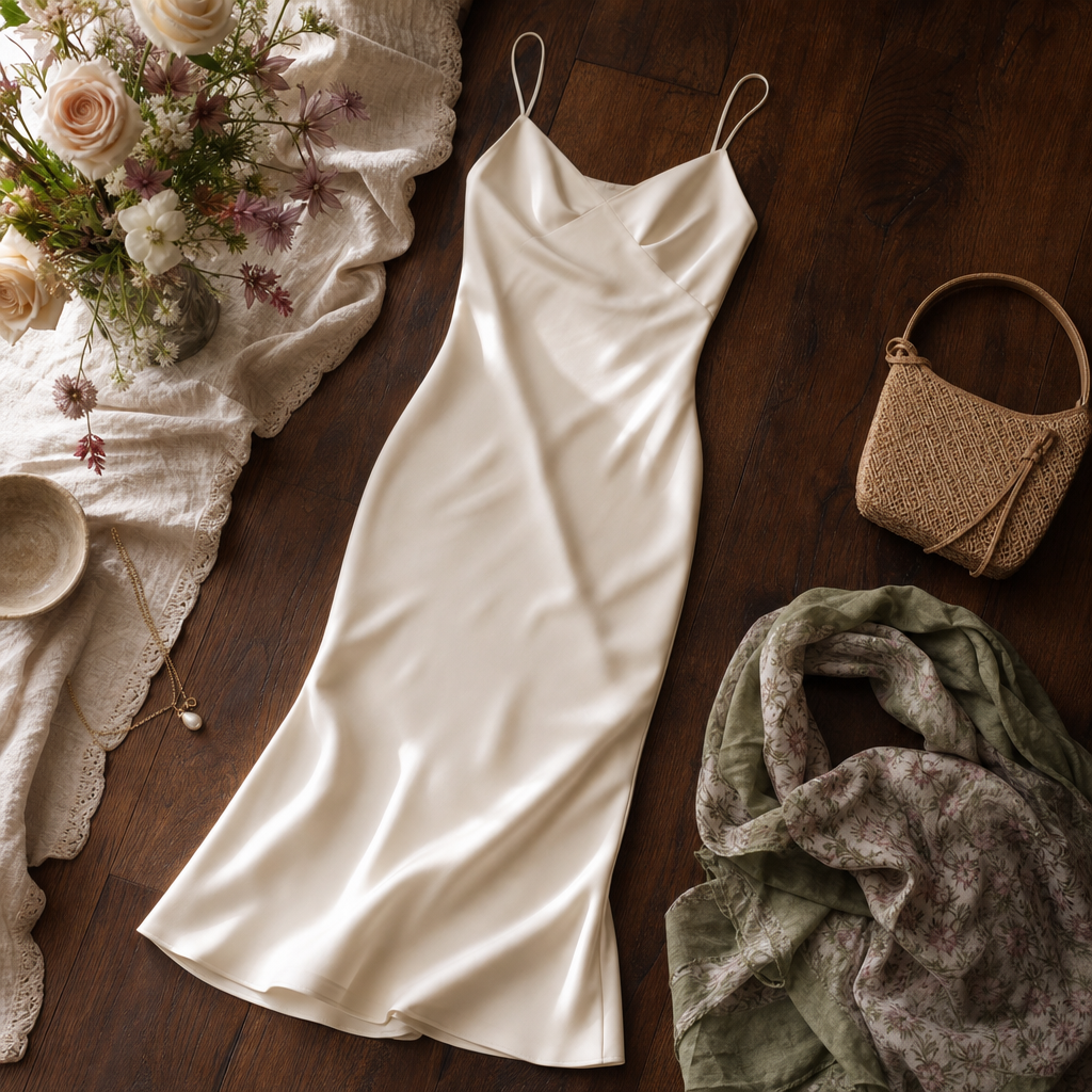 Cecily Silk Midi Dress — lifestyle flatlay