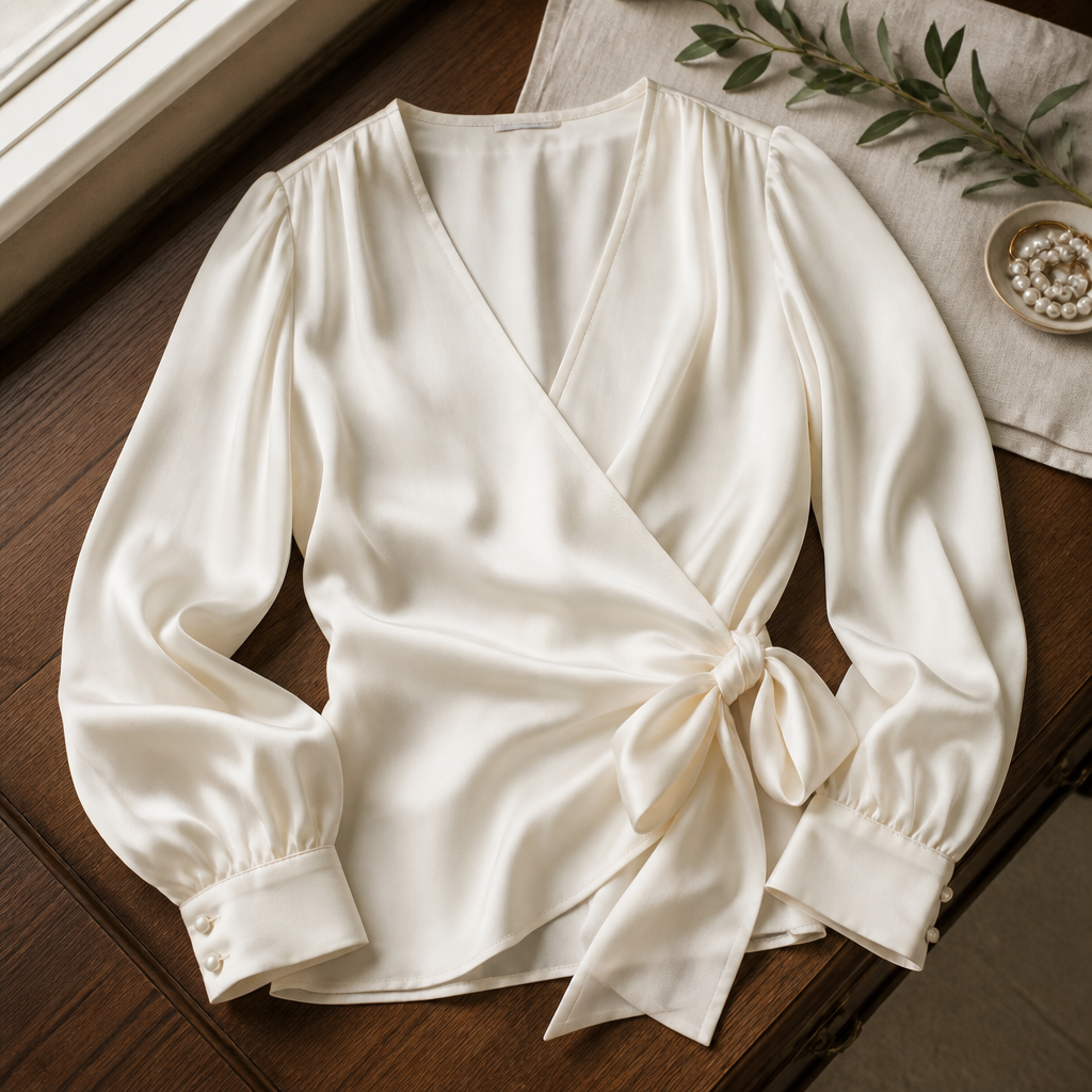 Evelyn Silk Wrap Blouse — lifestyle flatlay